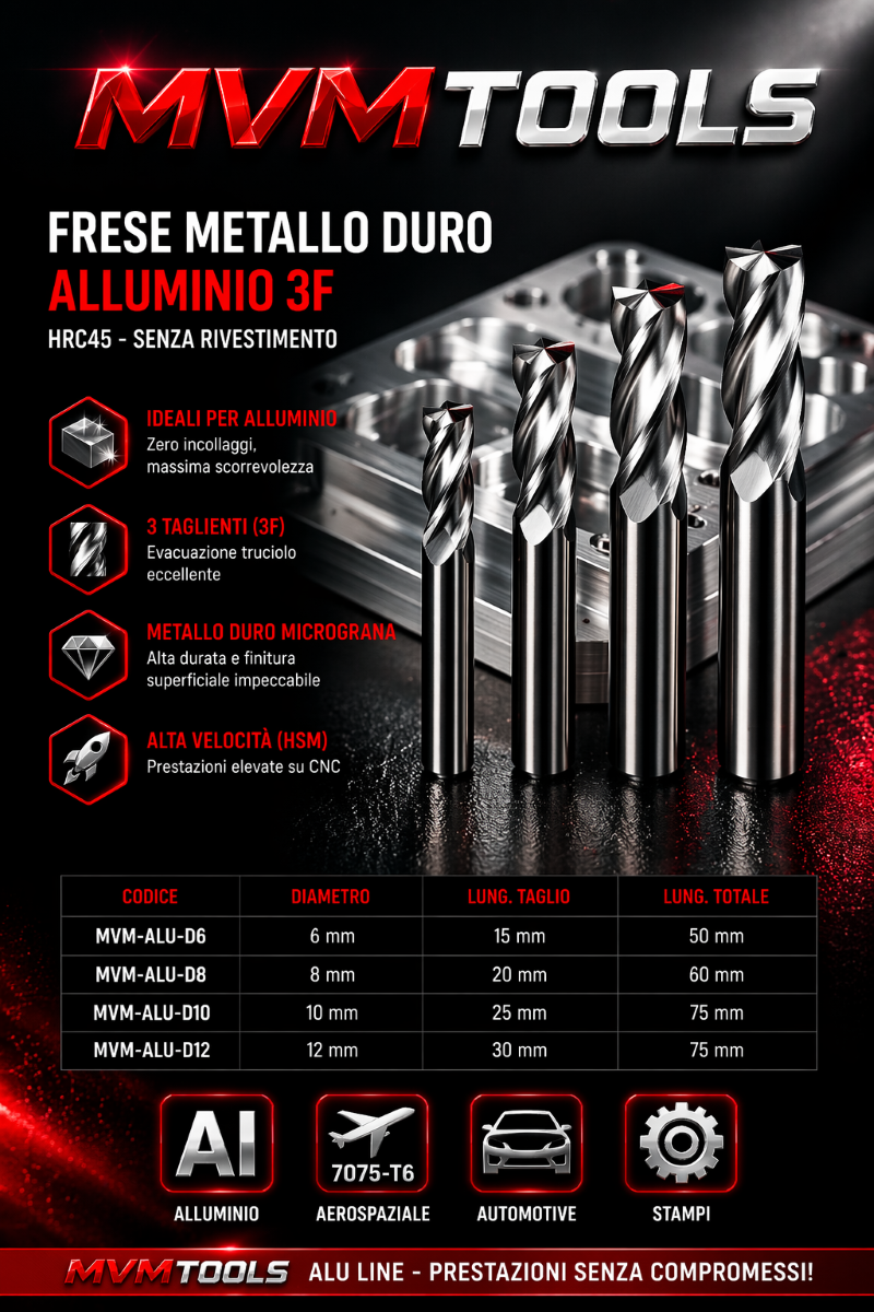 Frese Metallo Duro per Alluminio MVMTOOLS – 3 Taglienti HRC45